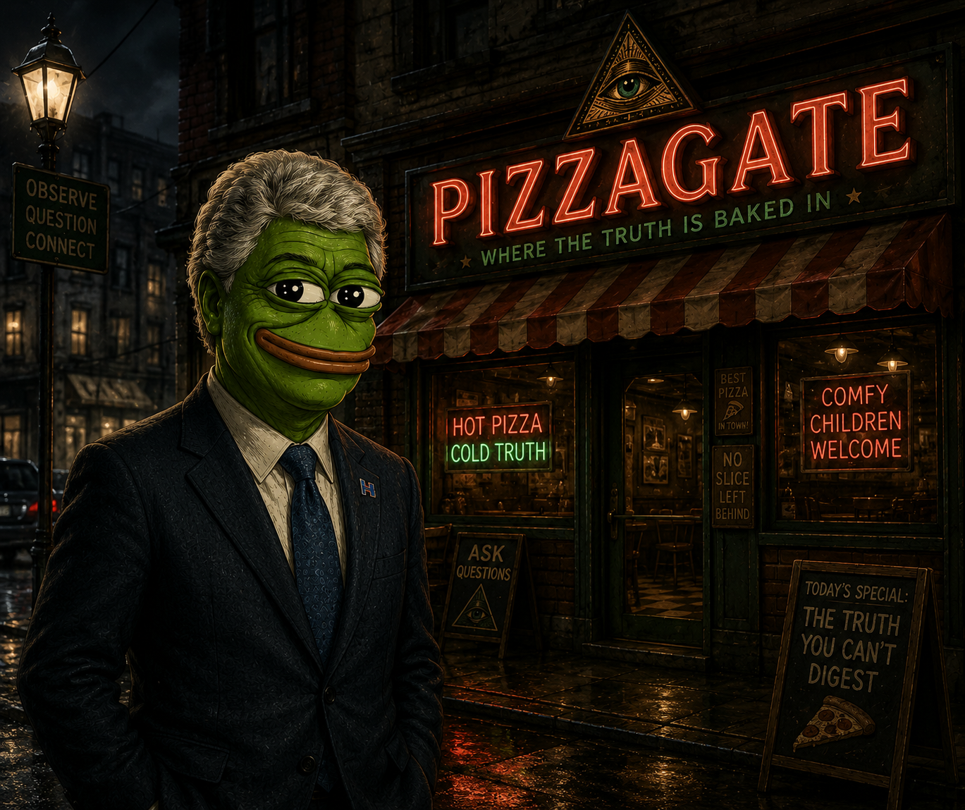 Pep Clinten outside Pizzagate headquarters